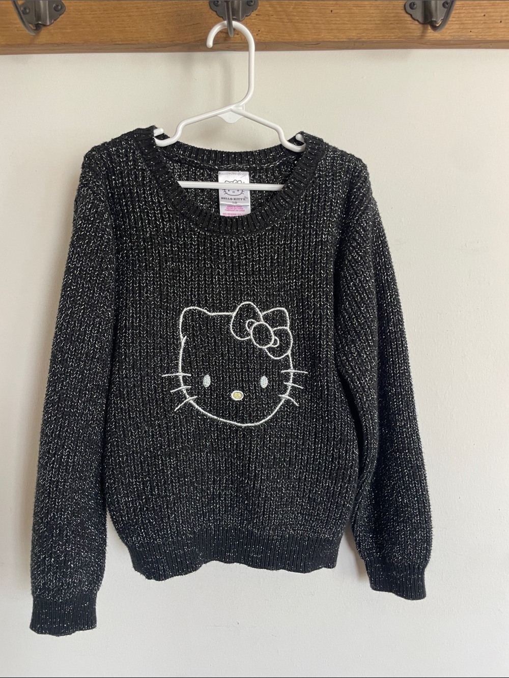 Hello Kitty Black Metallic Knit Crewneck Sweater with White Face Detail